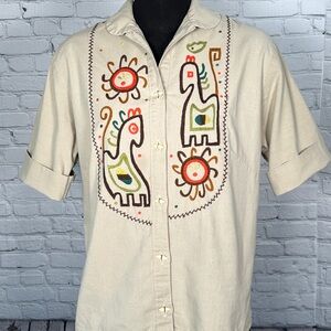 Vintage Embroidered Mexican Top Wood Buttons Incan Animals Boho L